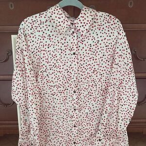 Zara white silken long sleeve button down shirt with red and black hearts NWOT M